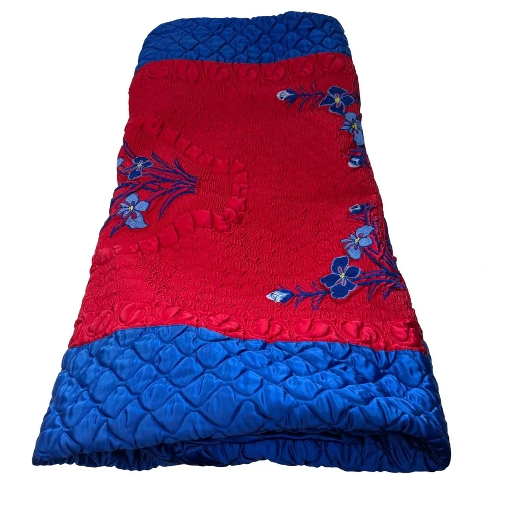Vintage Asian Quilted Embroidered Duvet Cover‎ Set of 2 Red Blue Floral Boho VTG